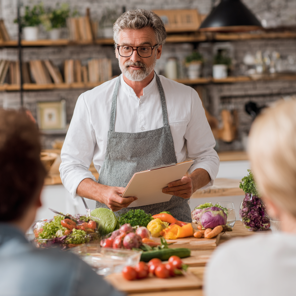 A middle-aged nutritionist explaining meal planning concepts to adults in modern kitchen setting
